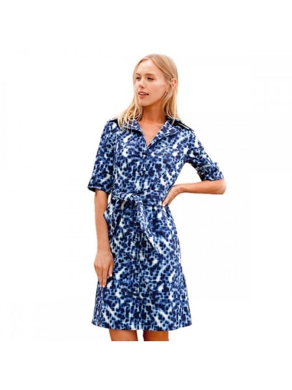 Lesley Evers Women’s Kelsey Dress Indigo Blue & White Shirt Dress Tie Waist S 6